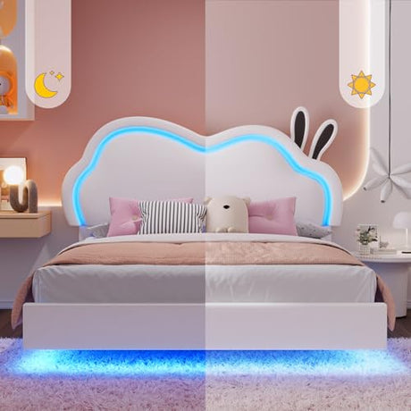 AMERLIFE Floating Full Bed Frame with Adjustable RGB LED Headboard, Leather Upholstered Platform Bed for Kids/Girls,Wood Slats Support, No Box Spring Needed, Easy Assembly, White AMERLIFE