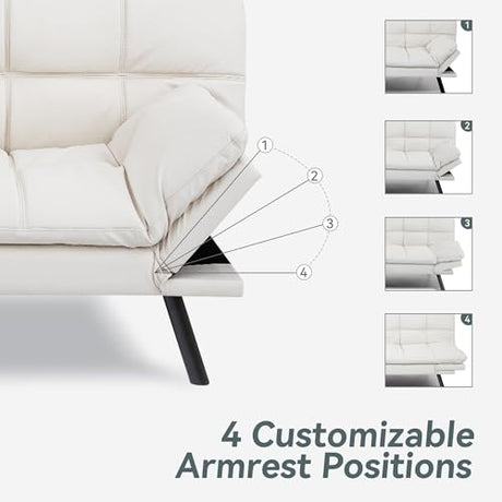 AMICLIBER Futon Sofa Bed Convertible Couch, White Faux Leather Sofa Bed with Memory Foam, Adjustable Backrest & Armrests, Multifunctional Small Loveseat Sleeper Sofa for Living Room, Apartment, Office AMICLIBER
