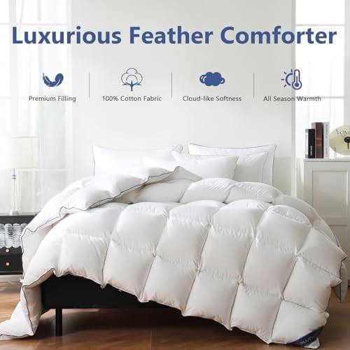 DOWNCOOL Feather Down Fiber Comforter Full Size, 100% Cotton Ultra Soft Fluffy Duvet Insert Full, All Season Luxurious Hotel Bed Comforter with Corner Tabs, White 82 x 86 Inch DOWNCOOL