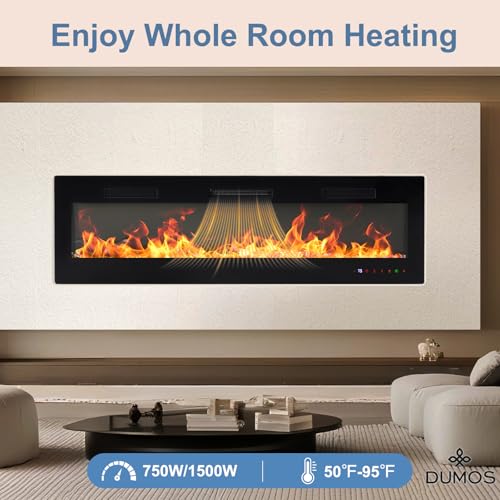 DUMOS 60" Freestanding Electric Fireplace, 1500W/750W Wall Mounted or Recessed Insert Fireplaces Heater with Remote Control,13 Adjustable Flame Color, 12H Timer, Touch Screen，Inky DUMOS