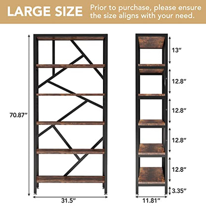 Tribesigns Vintage Industrial 6-Tier Bookshelf - 71 Inch Tall Open Etagere Bookcase in Brown - WoodArtSupply