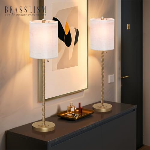 BRASSLISM Buffet Lamps Set of 2, 28.5" Tall Brass Finish Lamps for Entryway, Hallway, Console Table, Dining Sideboard or Living Room, UL Certified with Pull Chain, Linen Shade, Urban Luxury Style BRASSLISM
