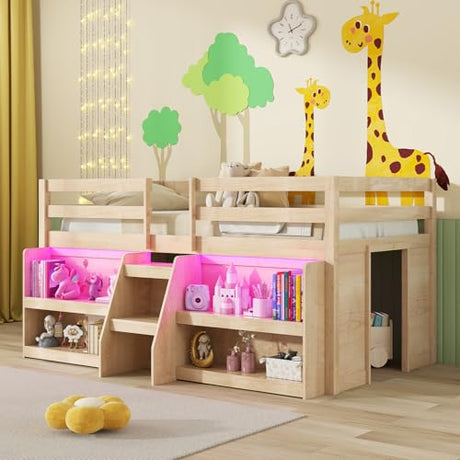 Giantex Low Loft Bed with LED Lights, Wooden Twin Loft Bed with Stairs & Safety Guardrail, Loft Bed Twin Size with Storage Bookcase and Under-Bed Play Space, Loft Bed for Kids (Natural) Giantex