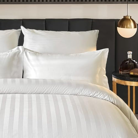 Amolavet Hotel Bedding Duvet Cover Full Size Cotton White Satin Striped Textured with Zipper - Duvet Cover Full 3 Pcs Set 79x90 - Comforter Cover/Quilt Cover Full Size Amolavet