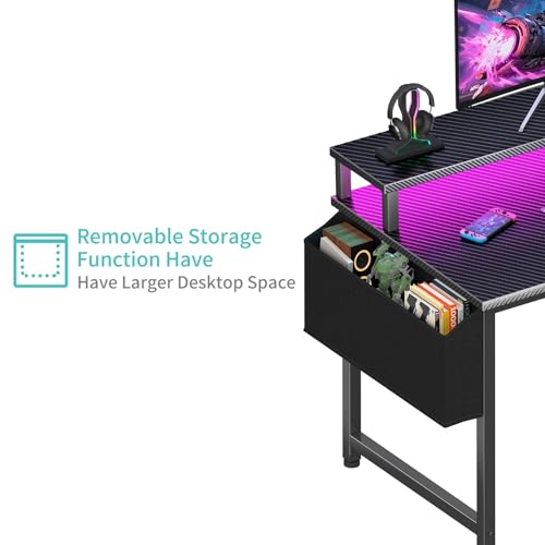 Lufeiya Gaming Desk with Power Outlets and LED Lights, 40 Inch Gamer Desk Table with Charging Station, Home Office Computer Desks with Monitor, Black Lufeiya