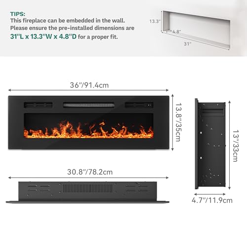 YITAHOME 36" Electric Fireplace Inserts, Fireplace Heaters for Indoor Use, Recessed or Wall Mounted, Remote Control with Timer, Adjustable Temperature, Adjustable Flame Color and Brightness, Crystals YITAHOME