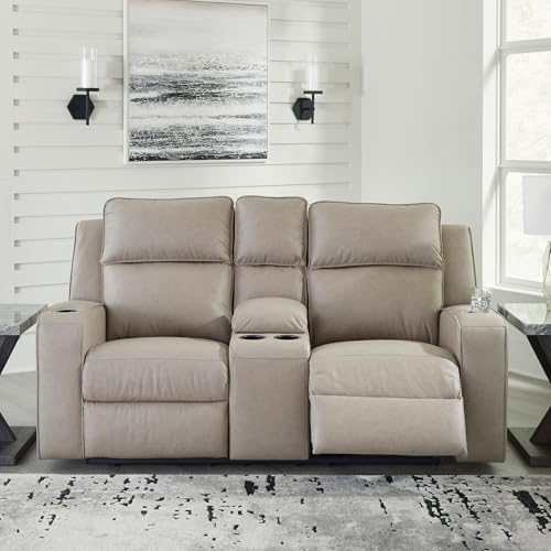 Signature Design by Ashley Lavenhorne Contemporary Faux Leather Manual Reclining Loveseat with Console and Cup Holders, Beige Signature Design by Ashley