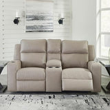 Signature Design by Ashley Lavenhorne Contemporary Faux Leather Manual Reclining Loveseat with Console and Cup Holders, Beige Signature Design by Ashley