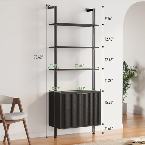 INNOD 74" Tall Bookshelf with Storage Cabinet, Modern Ladder Shelf with Wood and Metal Frame, Wall Mount Bookcase Open Display Shelf Furniture for Living Room, Bedroom, Home Office，Black INNOD