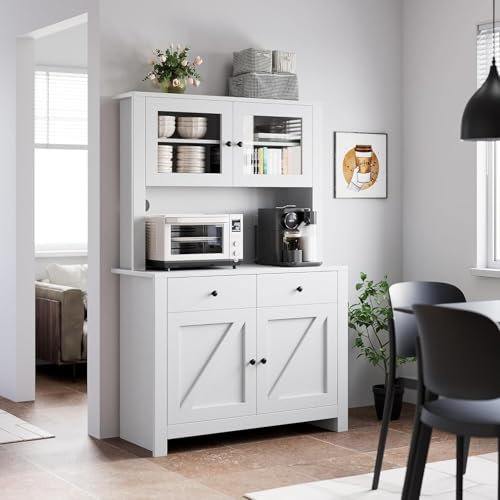 GarveeHome Kitchen Pantry Cabinet with Microwave Stand, Freestanding Hutch Cabinet with Buffet Cupboard, Tall Kitchen Cabinets with Adjustable Shelves for Dining Room, White GarveeHome