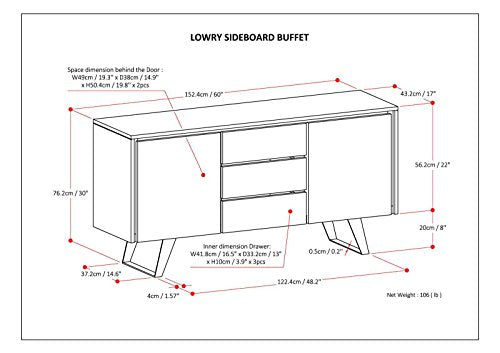 SIMPLIHOME Lowry SOLID ACACIA WOOD and Metal 60 Inch Wide Rectangle Modern Industrial Sideboard Buffet in Rustic Natural Aged Brown, For the Dining Room and Kitchen - WoodArtSupply