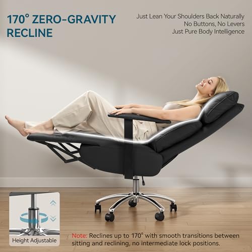 OKUP Reclining Office Chair with Adjustable Headrest and Footrest, 170° Ergonomic Comfortable Office Chair Zero Gravity, Leather Executive Home Office Desk Chair (Black) OKUP