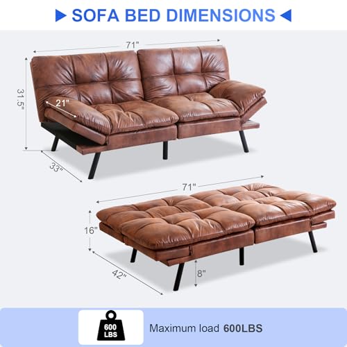 Vipbear 71" Futon Sofa Bed - Convertible Sofa Beds/Adjustable Backrest & Armrest, Comfy Loveseat Sleeper for Small Spaces, Apartments & Offices,Faux Leather Brown Futons Vipbear
