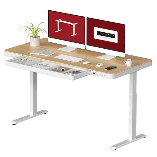 Standing Desk with Drawer, Electric Height Adjustable Home Office Desk with Storage & USB Ports, 55 inch Maple Wood Tabletop/White Frame SANODESK