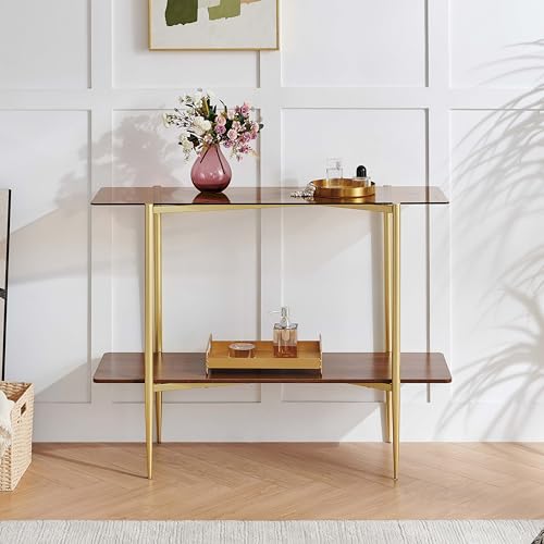 Pine Flicker Rectangle Glass Console Table, Mid-Century Modern Design, L41*W14*H32 inch, for Living Room, Amber Glass Top and Walnut Finish Wood Shelf, Conical Metal Legs with Gold Finish Pine Flicker