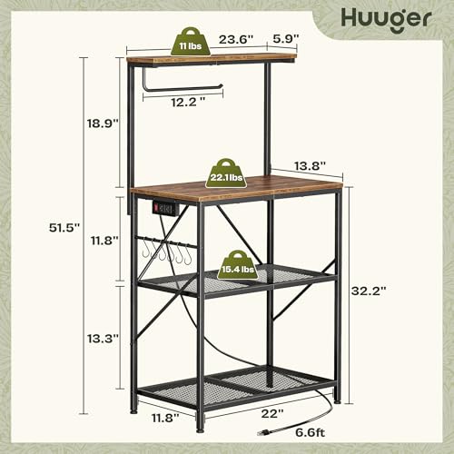 Huuger 4-Tier Bakers Rack with Reversible Power Outlet, 23.6 Inch Microwave Stand, Kitchen Coffee Bar, with Top Shelf, 6 S Hooks, Rustic Brown Huuger