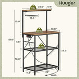 Huuger 4-Tier Bakers Rack with Reversible Power Outlet, 23.6 Inch Microwave Stand, Kitchen Coffee Bar, with Top Shelf, 6 S Hooks, Rustic Brown Huuger