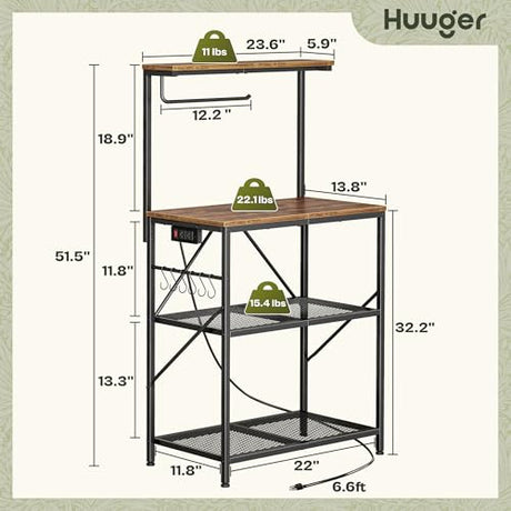 Huuger 4-Tier Bakers Rack with Reversible Power Outlet, 23.6 Inch Microwave Stand, Kitchen Coffee Bar, with Top Shelf, 6 S Hooks, Rustic Brown Huuger
