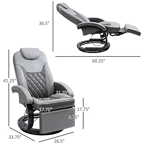 HOMCOM Faux Leather Manual Recliner, Adjustable Swivel Lounge Chair, Armchair with Footrest and Round Base for Living Room, Gray