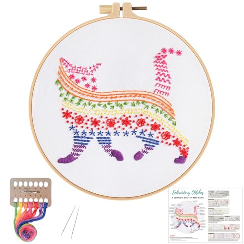Louise Maelys Embroidery Kits for Beginners Adults,Cat Stamped Pattern Practice for Starters,Cross Stitch Kit Including Hoop,Cloth,Needles, Instruction and Threads