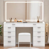 DWVO Makeup Vanity with LED Mirror and Charging Ports, 10-Drawer Vanity Set with Glass Top, Hair Dryer Holder, 3 Adjustable Light Colors, and Hidden Storage Stool DWVO