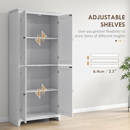 HOMCOM 72" Freestanding Kitchen Pantry Cabinet, Farmhouse Tall Storage Cabinet with 4 Door Cabinets and Adjustable Shelves for Dining Room, White HOMCOM