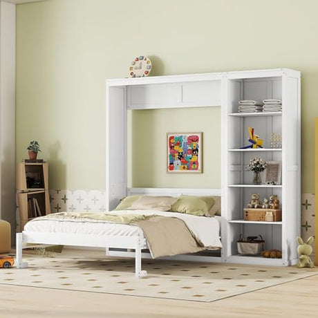 Merax Queen Size Murphy Bed Wall Bed with Storage Shelves, Space-Saving Design Foldable Platform Bed Frame, Fold into The Wall, Multifunctional Bed for Guest-Room, Home, Office, White Merax