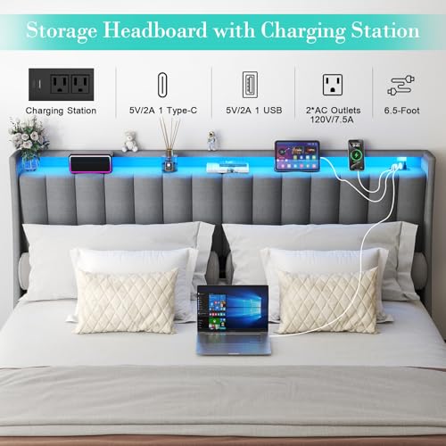 Full Bed Frame with 2 Storage Drawers, Platform Bed Frame Full Size with LED Light, Upholstered Headboard, Charging Station, Steel Slat Support, No Box Spring Needed, Noise-Free, Easy Assembly, Gray Doltoro