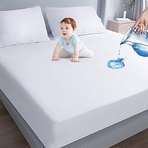 Waterproof Mattress Protector King Size,Mattress Cover Protector, Smooth Top Mattress Protector for Kids, Breathable Skin Friendly and Noiseless Fitted Sheet,King Size,Polyester Moonsea