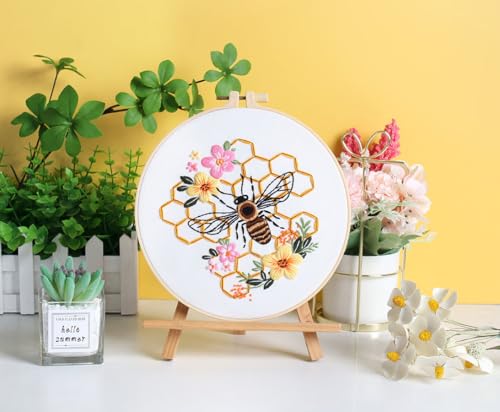 3 Pack Embroidery Kit for Beginner Adults, Cross Stitch Set with Bees Flowers, Includes Clear Instructions, Embroidery Hoop, Stamped Patterns, Colorful Threads, Tools.Hand Craft Lover Gifts