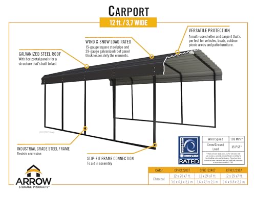 Arrow Carports Galvanized Steel Carport, Full-Size Metal Carport Kit, 12' x 29' x 7', Charcoal Arrow