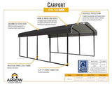 Arrow Carports Galvanized Steel Carport, Full-Size Metal Carport Kit, 12' x 29' x 7', Charcoal Arrow