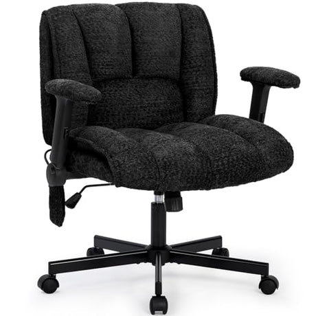 Criss Cross Legged Office Chair with Flip-Up Arms and Wheels, Wide Seat Desk Chair with Built-In Dynamic Airbag Lumbar Support, Modern Cross-Leg Chair for Home Office, Apartment, Vanity, Black Kassipo