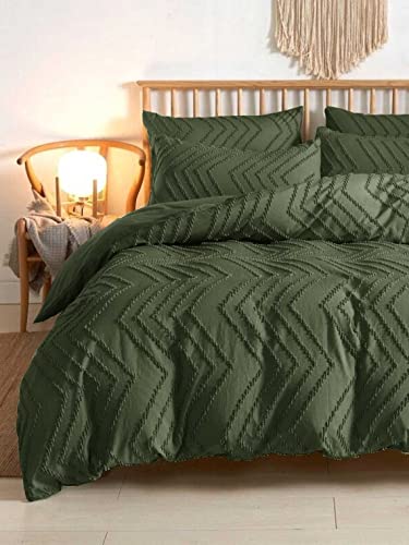 Nanko King Comforter Set Dark Green Tufted Jacquard Boho Soft Shabby Chic Reversible Down Alternative Microfiber Bedding - All Season Duvet Bohemia Bed Sets Women Men Size 104 x 90 3pc, Green Nanko
