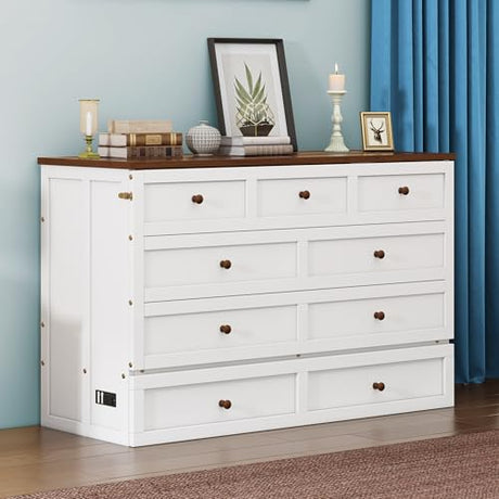 Harper & Bright Designs Full Size Murphy Bed, Wooden Full Murphy Bed Frame with Charging Station and Large Storage Drawer for Home Office/Small Room, White+Walnut Harper & Bright Designs