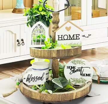 6 Pieces Farmhouse Tiered Tray Decor Beautiful Sweet Home Wood Sign Artificial Plant Rustic Tray Decorations Centerpiece Set for Home & Kitchen Decor(Tiered Tray NOT Included) Jxueych