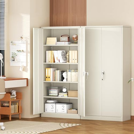 Superday Metal Storage Cabinet with Lock, 72" H Garage Storage Cabinet with Doors and 4 Adjustable Shelves,Putty Steel Locking Cabinets for Office, Home, Garage, Gym, School Superday