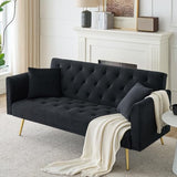 71" Modern Velvet Sofa Bed Futon, Convertible Sleeper Couch with Adjustable Backrest, Tufted Recliner Loveseat with Golden Chrome Legs & 2 Pillows for Small Spaces, Living Room, Apartment (Black) Generic