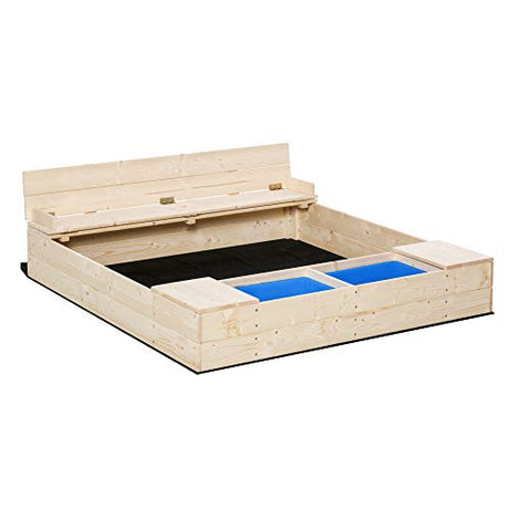 Outsunny Kids Wooden Sandbox w/Two Plastic Boxes Foldable Bench Seat Waterproof Cover Bottom Liner Storage Space Outsunny
