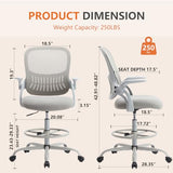 Sweetcrispy Tall Drafting Office Desk Chair - Ergonomic High Stool Computer Chair with Adjustable Height and Comfy Lumbar Support, Rolling Counter Height Chairwith Flip-up Arm and Footrest, Grey Sweetcrispy