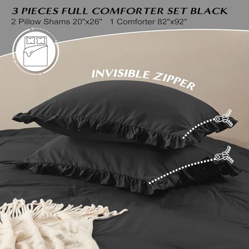 HARBOREST Full Comforter Set Black - Ruffle Bedding for All Seasons, 3 Pieces Shabby Chic Set (1 Comforter & 2 Pillow Shams) HARBOREST