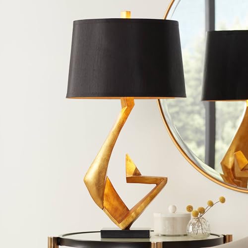 Possini Euro Design Zeus Mid Century Modern Glam Luxury Table Lamp 28.5" Tall Sculptural Gold Leaf Metal Black Fabric Tapered Drum Shade Decor for Living Room Bedroom House Bedside Nightstand Home Possini Euro Design