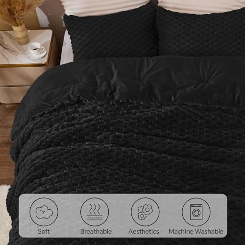 BEDELITE Fluffy Queen Comforter Set - Black Fleece Soft Comforter for Queen Size Bed, Luxury Warm Bedding Set for Winter, Fuzzy Bed Set 3 Pieces (1 Comforter, 2 Pillowcases) BEDELITE