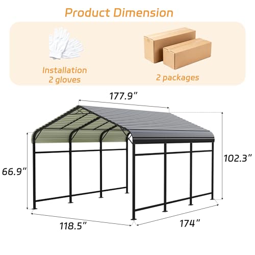 Patiowell 10'x15' Metal Carport, Heavy Duty Carport Canopy with Reinforced Frame and Galvanized Steel Roof, All-Weather Outdoor Car Shelter for Car, Truck, Boat and Tractor, Black Patiowell