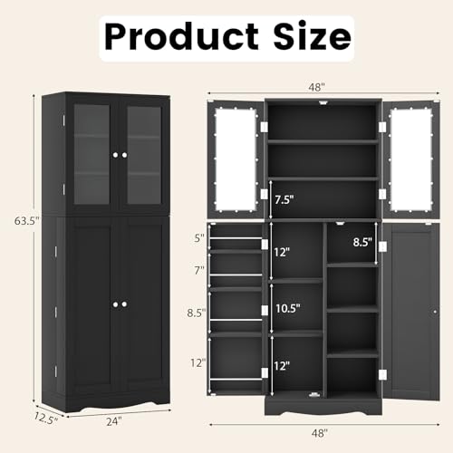 Giantex Pantry Organizers and Storage, 63.5” Tall Kitchen Cabinet, Food Buffet Cupboard with Glass Doors, Shelves with Baffle, Wooden Freestanding Giantex