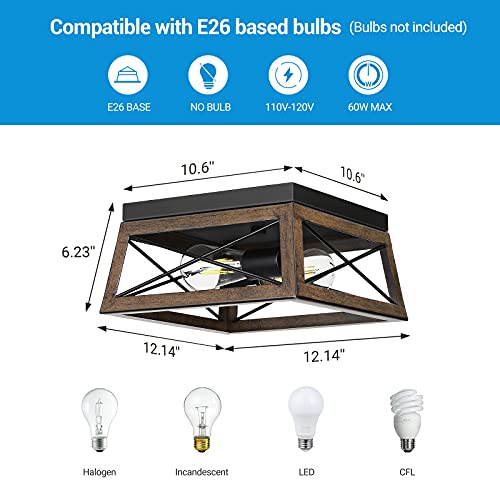 DEWENWILS Farmhouse Ceiling Light Fixture, Metal Flush Mount Ceiling Light with Wood Grain Finish, 2-Lights Ceiling Lamp for for Hallway, Entryway, Kitchen, Foyer - WoodArtSupply