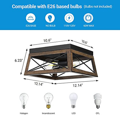 DEWENWILS Farmhouse Ceiling Light Fixture, Metal Flush Mount Ceiling Light with Wood Grain Finish, 2-Lights Ceiling Lamp for for Hallway, Entryway, Kitchen, Foyer - WoodArtSupply