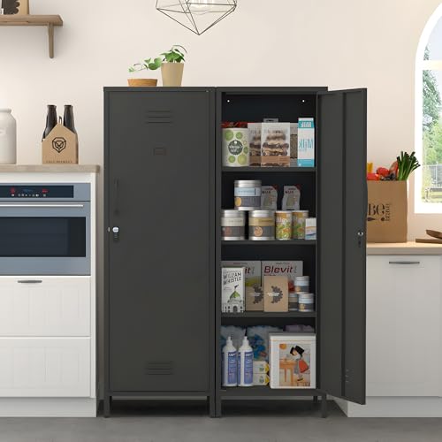 Epochsteele Metal Storage Cabinet Kitchen Pantry Cabinet for Bathroom Locking Storage Cabinet with Door and Removable Shelves (Black) Epochsteele