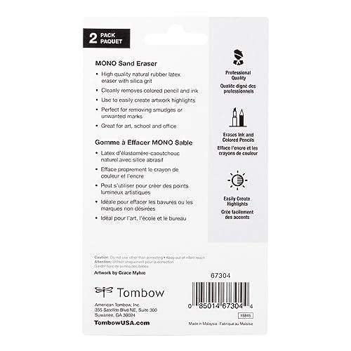 Tombow 67304 Mono Sand Eraser, 2-Pack. Silica Eraser Designed to Remove Colored Pencil and Ink Markings… Tombow