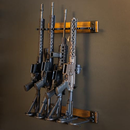 Indoor 5 Gun Rack for Wall, Rifle Rack and Shotgun Wall Mount, Rustic Wood and Solid Steel Supports up to 100 lbs, Vertical Gun Rack Wall Mount for - WoodArtSupply